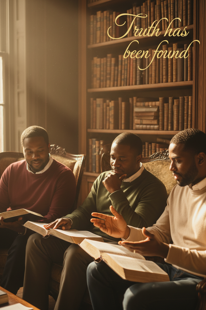 lets do another portrait picture with black men siting reading the bible with in front of the bookshelf. with the words Truth has been found.
